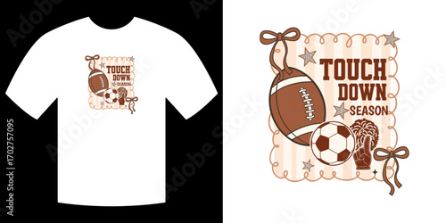 Touchdown Season Graphic Tee: A sporty graphic tee proudly showcases a collection of iconic sports elements, celebrating the excitement of the football season.