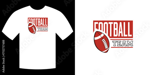Football Team T-Shirt Design: A graphic showcases a stylish red football image on a white tee, ideal for sports enthusiasts.