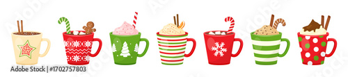 Christmas cup, hot chocolate and cacao mug with marshmallow, winter cute drink, holiday cartoon beverage set for New Year isolated on white bg. Season cozy dessert food icon. Xmas vector illustration