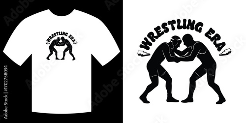 Wrestling Era Tee Design: A vintage-inspired design adorns a crisp, white tee, featuring a classic wrestling silhouette and bold lettering. Ideal for enthusiasts of sports and nostalgic apparel.