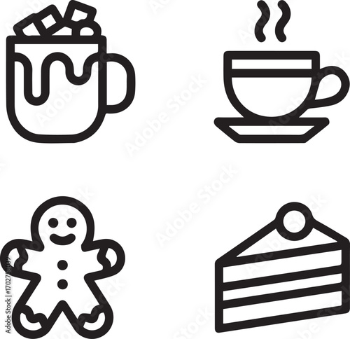 Cozy Winter Beverage and Dessert Icons Featuring Hot Chocolate Gingerbread Cake and Coffee Perfect for Seasonal Celebrations and Holiday Designs