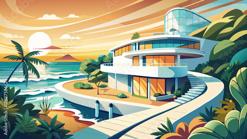 Elegant beach retreat with curved white walls, rooftop garden, and glass balustrades, reflecting sunlight and complementing the rolling waves nearby.