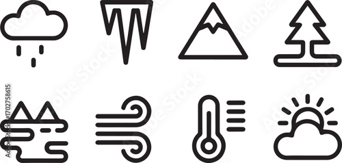 Collection of winter weather icons representing precipitation mountains evergreen trees wind cold temperature and sunny conditions