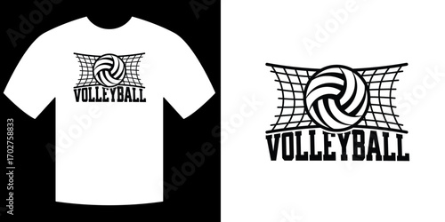 Volleyball T-shirt Design: A stylized volleyball illustration showcases a dynamic, clean design, with a classic net and bold lettering, perfectly suited for sports apparel or merchandise.
