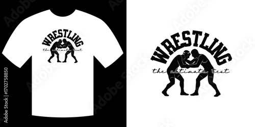 Wrestling Design on a T-shirt: This image is showcasing wrestling logo design on a white T-shirt. This T-shirt graphic evokes a sense of strength, competition, and determination.