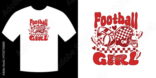 Football Girl Tee: An illustrated football tee showcases a retro design featuring the words Football Girl, alongside a football and helmet. It's perfect for showcasing team spirit and fandom.
