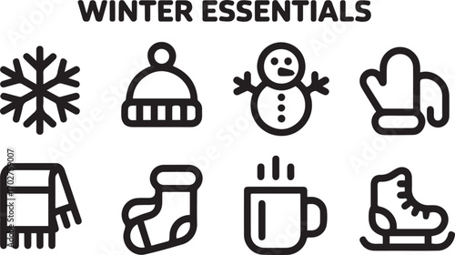 Collection of Essential Winter Icons Featuring Snowflakes Hats Snowmen Mittens Scarves Socks Hot Drinks and Ice Skates