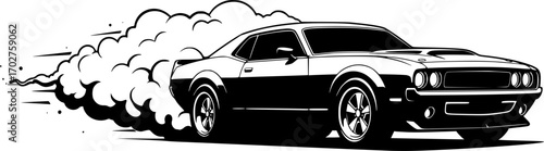 Stylized muscle car speeding with tire smoke in black and white illustration editable vector silhouette isolated on white background
