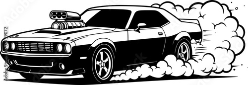Stylized muscle car speeding with tire smoke in black and white illustration editable vector silhouette isolated on white background
