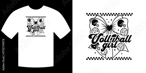 Volleyball Girl T-shirt: A stylish black and white T-shirt design showcases the words Volleyball Girl alongside volleyball graphics and a bow, a creative illustration for fans.