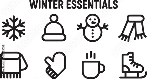 A Collection of Winter Essentials Icons Depicting Seasonal Activities and Clothing for Cold Weather Enjoyment