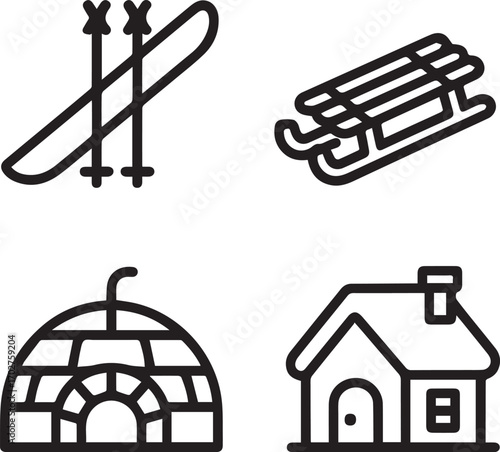 Collection of Winter Sports and Activities Icons Including Skis Sled Igloo and Snow Cabin Vector Graphic Symbols