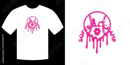 Softball Design with Icon and Words: An artistic graphic with the word softball champ combined with a stylized softball and an iconic lip image in hot pink, ideal for apparel and accessories.