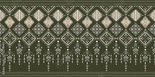 Seamless tribal pattern with a dark green background. The design features repeating geometric and decorative elements, including large diamonds with intricate internal patterns.