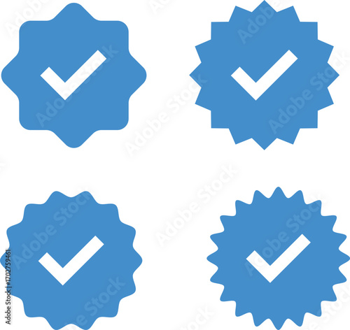 Blue verification check mark badges different shapes icons