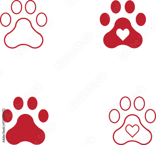 Red paw prints with hearts for pet love and animal care