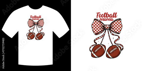 Football Mama's Tee Design: Captivating illustration design featuring a football-themed bow and footballs, perfect for representing a passionate football enthusiast. 