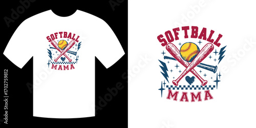 Softball Mama T-shirt: A stylized graphic of a softball, bat, and bold text design on a t-shirt, capturing the spirit of motherhood and the sport.