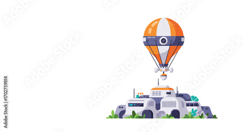 Hot Air Balloon Descending Near Futuristic Vehicle.