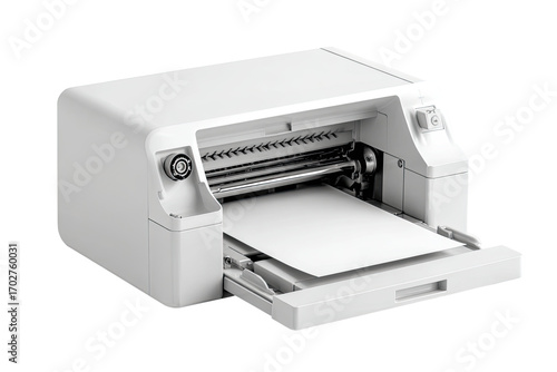 White desktop cutting printer with paper tray open