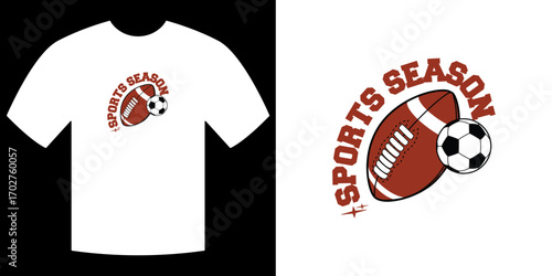 Sports Season T-shirt: An illustration capturing the essence of the sports season, featuring a t-shirt with an artistic design with the combination of rugby ball and soccer ball.