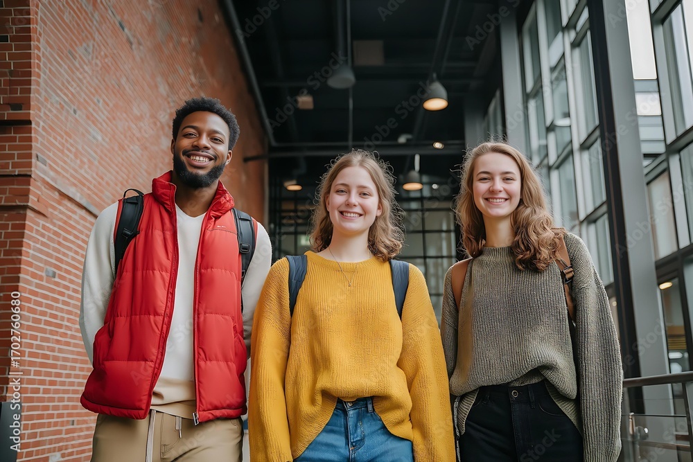 Fototapeta premium Three happy friends stand together in a modern building showcasing friendship and joy during their day on campus