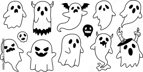Doodle cute ghosts Haloween great collection. Simple spooky character. Scary ghostly monsters.