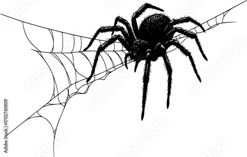 Black spider and torn web. Scary spiderweb of halloween symbol
