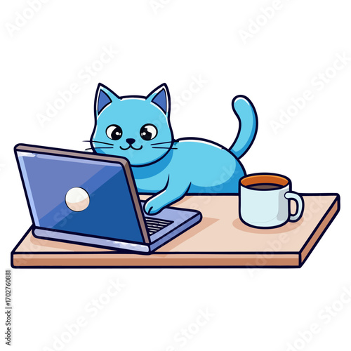 Funny Cartoon Cat on Laptop for Work From Home Humor Concept