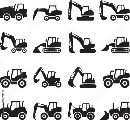 Collection of black construction vehicle icons on white background excavator digger construction vehicles