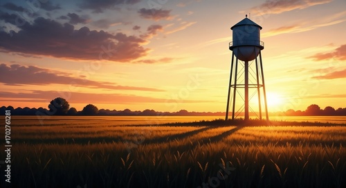 Water tower casting long shadows over field at sunset. Dramatic water tower stands as focal point, surrounded by serene landscape with golden light, evoking tranquility and peaceful vista.
