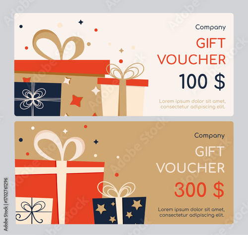 Gift Voucher template. Set with cute present boxes and amount. Vector illustration of Template, Voucher, Coupon, Card