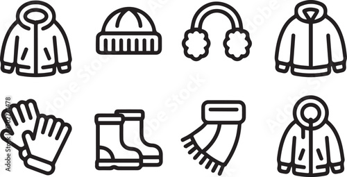 A Collection of Essential Winter Clothing Icons Featuring Jackets Hats Ear Muffs Gloves Boots Scarves and Hoodies for Seasonal Graphics