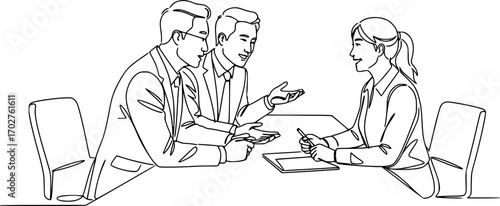 Continuous line art drawing of business man and business woman discussion at the table. Business people single line art drawing vector illustration.
