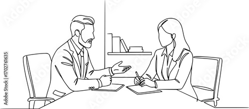 Continuous line art drawing of business man and business woman discussion at the table. Business people single line art drawing vector illustration.
