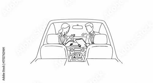 Two people collaborating on a tablet inside a car, discussing plans.