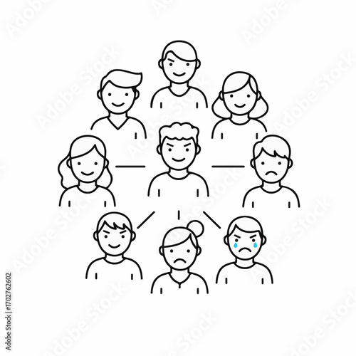 Illustration of a group of people with one person looking stressed and others appearing unhappy or distressed.