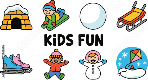 Adorable Cartoon Winter Fun Icons for Childrens Playtime and Outdoor Activities Collection