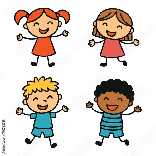 Cheerful Cartoon Kids Diversity Featuring Various Ethnicities Smiling and Playing Together in a Whimsical Flat Design Style