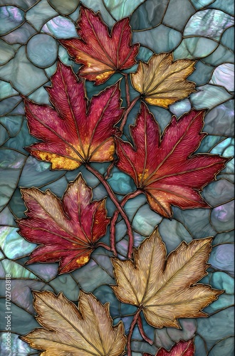 Stained glass artwork featuring vibrant red and golden autumn leaves against a textured blue background