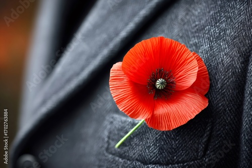 Red poppy flower pinned on elegant suit for remembrance day commemoration