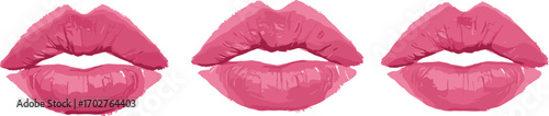 Three pink lips illustrations in a row, featuring glossy texture and shading, representing beauty, femininity, and sensual expression