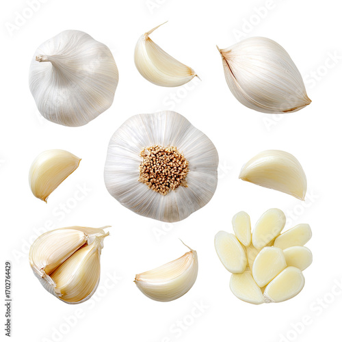 Overhead view of garlic bulbs and cloves, various angles and cuts