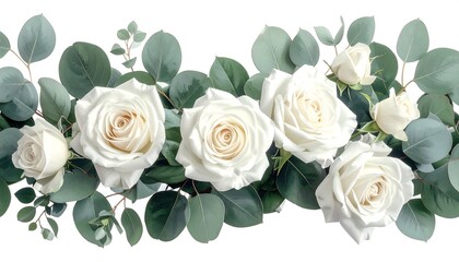 Delicate elegance of pristine white roses harmonized with eucalyptus foliage