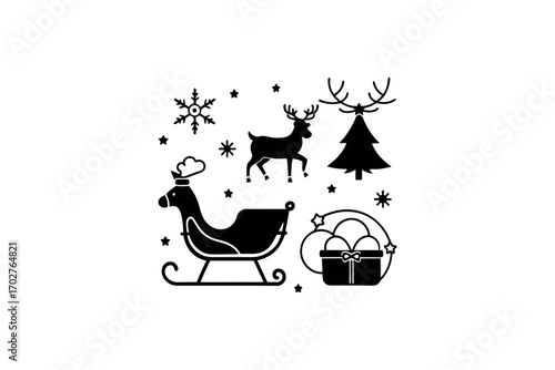 christmas scene with reindeer sleigh tree stars and gifts silhouette