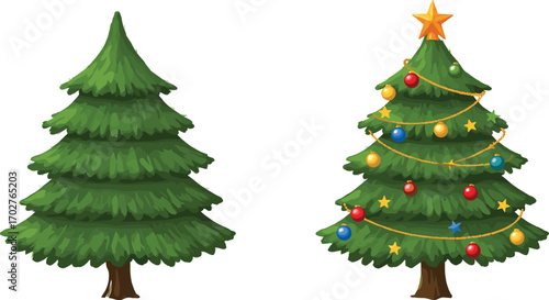 Two green Christmas trees, one plain pine tree and one decorated with colorful baubles, stars, garlands, and a star topper