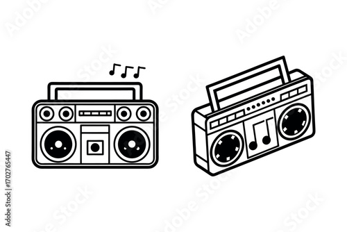 two boomboxes playing music with notes floating silhouette