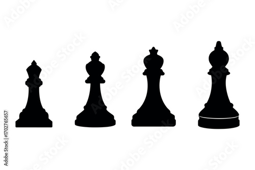 chess pieces arranged in row showing distinct shapes silhouette