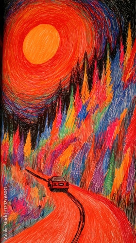 A vibrant, stylized landscape painting depicts a winding road leading through a colorful, almost surreal forest under a large, glowing orange sun