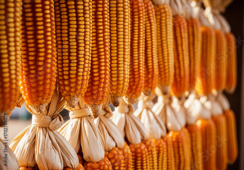 Rows of golden dried corn hanging neatly, traditional harvest storage and natural decoration for farming and agricultural themes